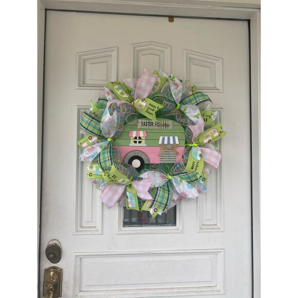 Easter Blessings Camper Sweet Camper RV There Yet Deco Spring Mesh Ribbon Wreath - Picture 7 of 7